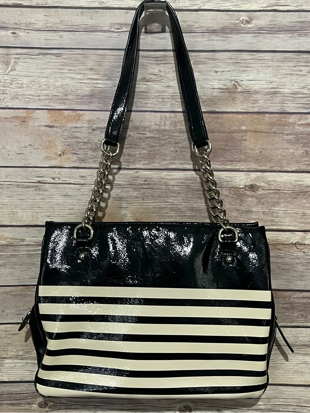 Kate Spade Cooper Square Darcy Black Cream Patent Leather Striped Shoulder Bag